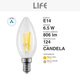 Life Lampadina LED E14 Filament 6.5W Candle C35 Candela in
