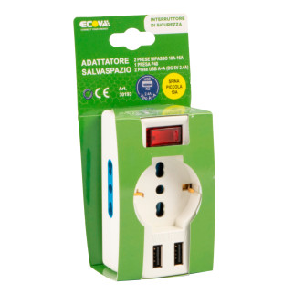 Ecova Multipresa Adattatore 1 Presa Schuko 10/16A 2P+T 2 Prese 10/16A 2P+T 2 Porte USB A con Spina