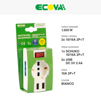 Ecova Multipresa Adattatore 1 Presa Schuko 10/16A 2P+T 2 Prese 10/16A 2P+T 2 Porte USB A con Spina