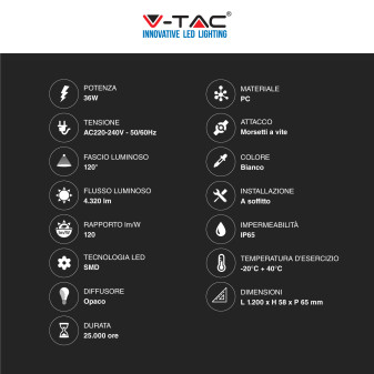 V-Tac VT-1249 Tubo LED Plafoniera 36W Lampadina SMD IP65 120cm