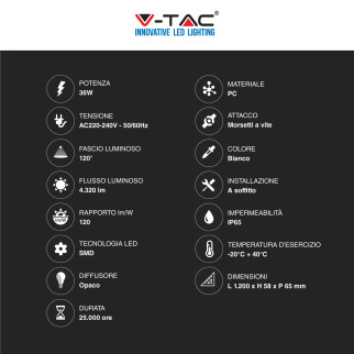 V-Tac VT-1249 Tubo LED Plafoniera 36W Lampadina SMD IP65 120cm