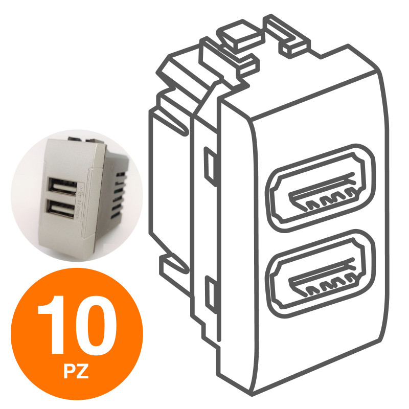 MAPAM Doppia Presa Usb 2A ART Alluminio - Confezione 10pz - mod. 821A - Compatibile con BTicino