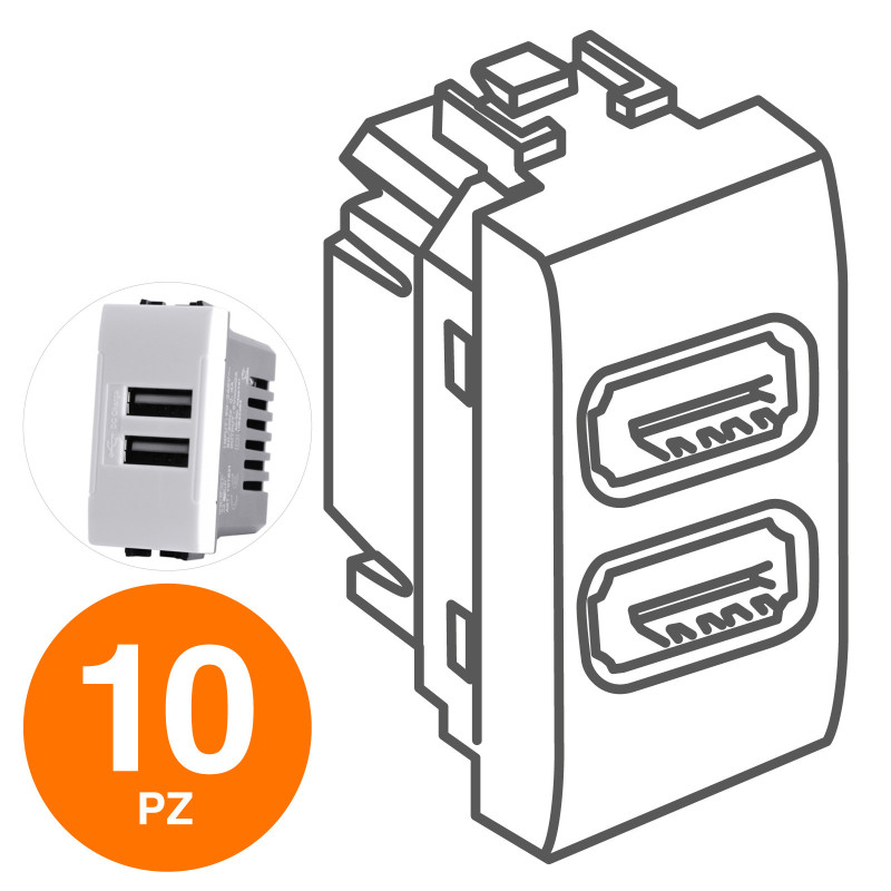 MAPAM Doppia Presa Usb 2A ART Bianco - Confezione 10pz - mod. 821B - Compatibile con BTicino LIVING