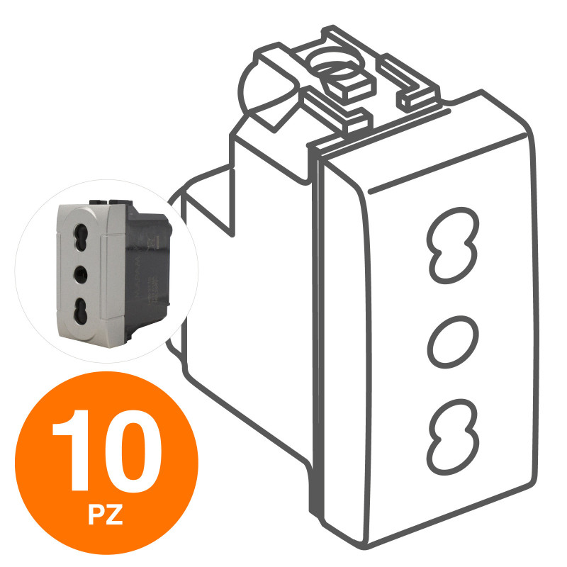 MAPAM Presa Bivalente (16A-250V) ART 2P Alluminio - Confezione 10pz - mod. 818A - Compatibile con