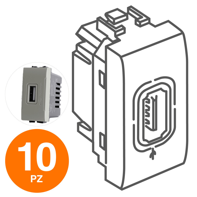 MAPAM Presa Usb 5V 2A 265V ART Alluminio - Confezione 10pz - mod. 829A - Compatibile con BTicino