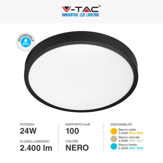 V-Tac VT-8624 Plafoniera LED Rotonda 24W SMD IP44 Colore Nero -