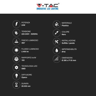 V-Tac VT-8624 Plafoniera LED Rotonda 24W SMD IP44 Colore Nero -