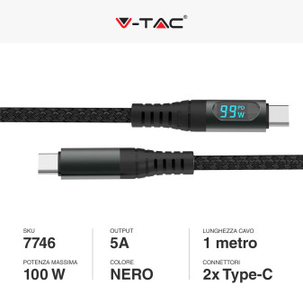 V-Tac VT-5303 Cavo USB Type-C Lunghezza 1m Colore Nero con Display LED - SKU 7746