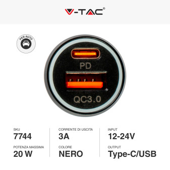 V-Tac VT-5318 Caricabatterie Smart Auto USB 20W 3A per Smartphone Ricarica Rapida PD+QC Colore Nero