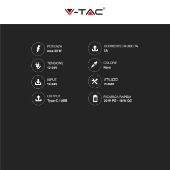 V-Tac VT-5318 Caricabatterie Smart Auto USB 20W 3A per Smartphone Ricarica Rapida PD+QC Colore Nero