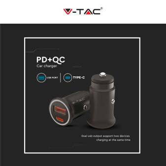 V-Tac VT-5318 Caricabatterie Smart Auto USB 20W 3A per Smartphone Ricarica Rapida PD+QC Colore Nero