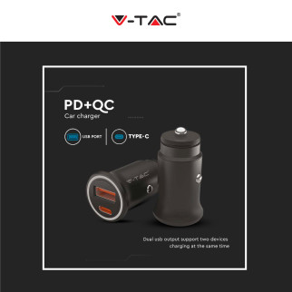 V-Tac VT-5318 Caricabatterie Smart Auto USB 20W 3A per Smartphone Ricarica Rapida PD+QC Colore Nero