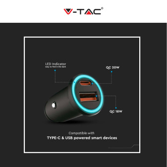 V-Tac VT-5318 Caricabatterie Smart Auto USB 20W 3A per Smartphone Ricarica Rapida PD+QC Colore Nero