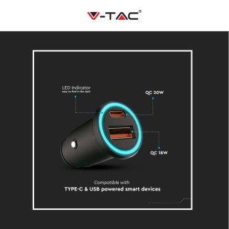 V-Tac VT-5318 Caricabatterie Smart Auto USB 20W 3A per Smartphone Ricarica Rapida PD+QC Colore Nero
