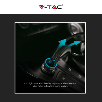 V-Tac VT-5318 Caricabatterie Smart Auto USB 20W 3A per Smartphone Ricarica Rapida PD+QC Colore Nero
