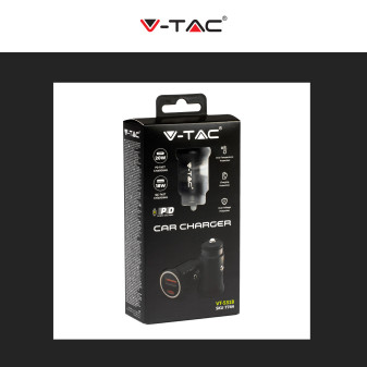 V-Tac VT-5318 Caricabatterie Smart Auto USB 20W 3A per Smartphone Ricarica Rapida PD+QC Colore Nero