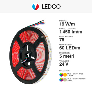 LEDCO Striscia LED Flessibile 95W SMD RGB+W 60 LED/metro 24V CRI≥90 IP68 - Bobina da 5 metri - mod.
