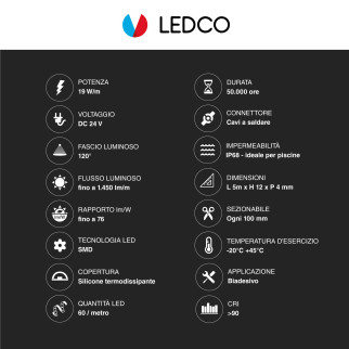 LEDCO Striscia LED Flessibile 95W SMD RGB+W 60 LED/metro 24V CRI≥90 IP68 - Bobina da 5 metri - mod.