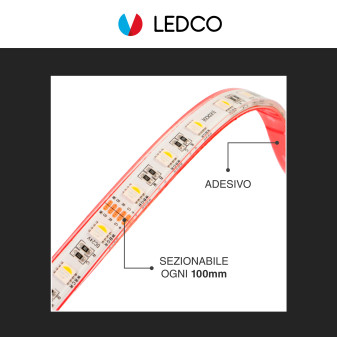 LEDCO Striscia LED Flessibile 95W SMD RGB+W 60 LED/metro 24V CRI≥90 IP68 - Bobina da 5 metri - mod.
