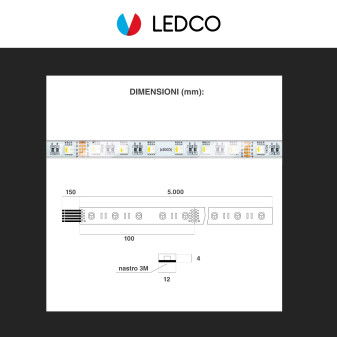 LEDCO Striscia LED Flessibile 95W SMD RGB+W 60 LED/metro 24V CRI≥90 IP68 - Bobina da 5 metri - mod.