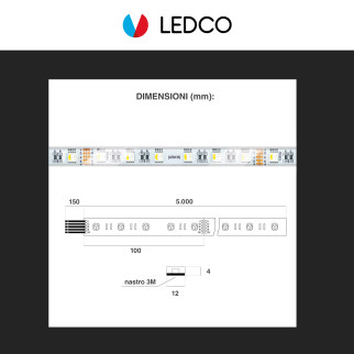 LEDCO Striscia LED Flessibile 95W SMD RGB+W 60 LED/metro 24V CRI≥90 IP68 - Bobina da 5 metri - mod.