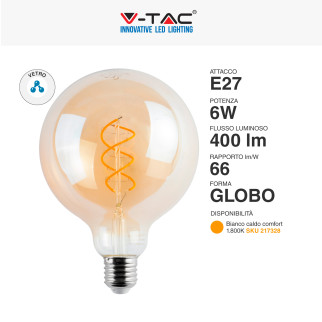 V-Tac VT-2126 Lampadina LED E27 6W Globo G125 Filament Vetro Ambrato - SKU 217328