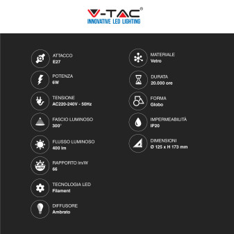 V-Tac VT-2126 Lampadina LED E27 6W Globo G125 Filament Vetro Ambrato - SKU 217328