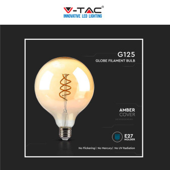 V-Tac VT-2126 Lampadina LED E27 6W Globo G125 Filament Vetro Ambrato - SKU 217328