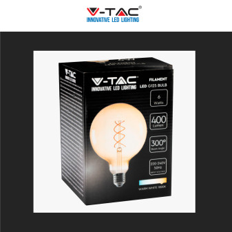 V-Tac VT-2126 Lampadina LED E27 6W Globo G125 Filament Vetro Ambrato - SKU 217328