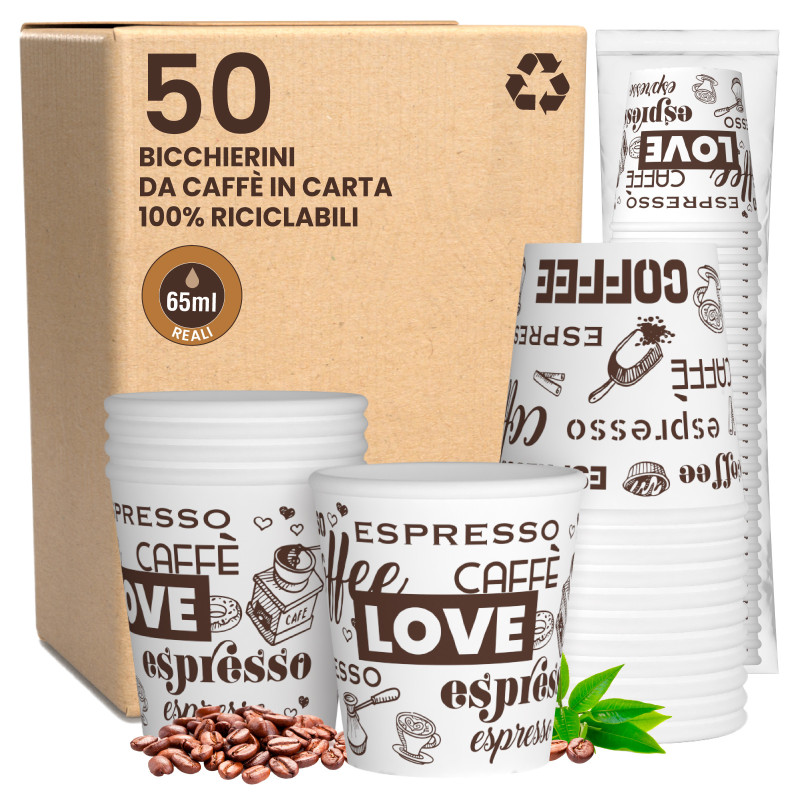 Bicchierini da Caffè in Carta Riciclabile con Fantasia LoveWhiteCUP da 65ml - Confezione da 50