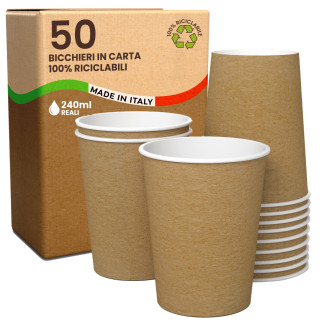 Bicchieri in Carta Riciclabile Colore Avana da 240ml - Confezione da 50 Bicchieri