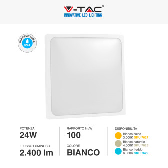 V-Tac VT-8624 Plafoniera LED Quadrata 24W SMD IP44 Colore