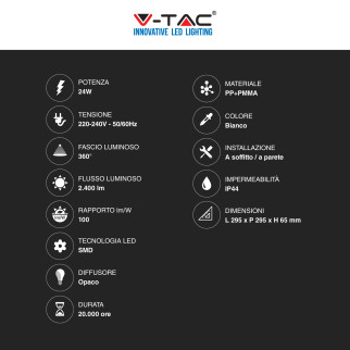 V-Tac VT-8624 Plafoniera LED Quadrata 24W SMD IP44 Colore