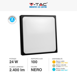 V-Tac VT-8624 Plafoniera LED Quadrata 24W SMD IP44 Colore Nero