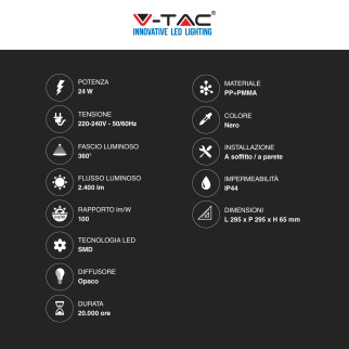 V-Tac VT-8624 Plafoniera LED Quadrata 24W SMD IP44 Colore Nero