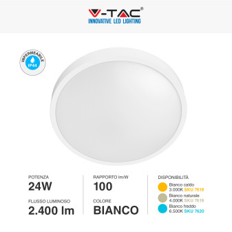 V-Tac VT-8624 Plafoniera LED Rotonda 24W SMD IP44 Colore Bianco