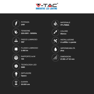 V-Tac VT-8624 Plafoniera LED Rotonda 24W SMD IP44 Colore Bianco