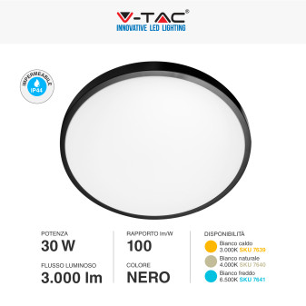 V-Tac VT-8630 Plafoniera LED Rotonda 30W SMD IP44 Colore Nero -