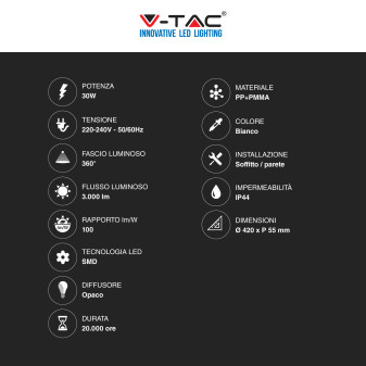 V-Tac VT-8630 Plafoniera LED Rotonda 30W SMD IP44 Colore Bianco