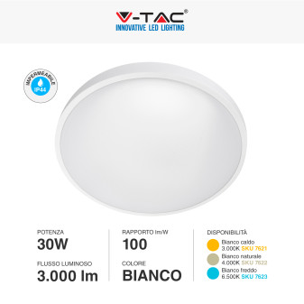 V-Tac VT-8630 Plafoniera LED Rotonda 30W SMD IP44 Colore Bianco