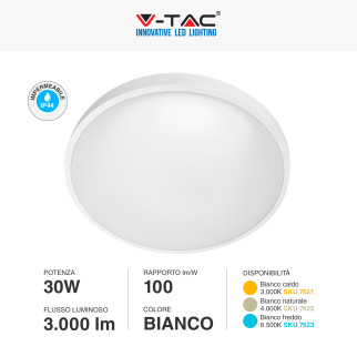 V-Tac VT-8630 Plafoniera LED Rotonda 30W SMD IP44 Colore Bianco