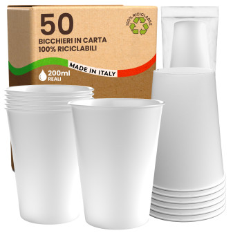 Bicchieri in Carta Riciclabile Colore Bianco da 200ml - Confezione da 50 Bicchieri