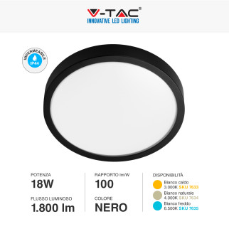 V-Tac VT-8618 Plafoniera LED Rotonda 18W SMD IP44 Colore Nero -