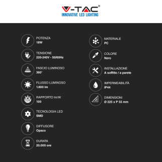 V-Tac VT-8618 Plafoniera LED Rotonda 18W SMD IP44 Colore Nero -