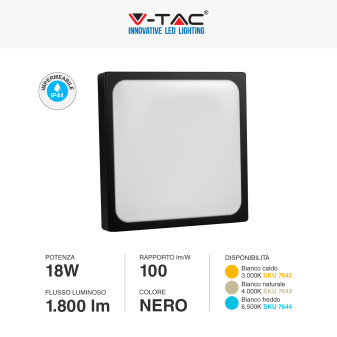 V-Tac VT-8618 Plafoniera LED Quadrata 18W SMD IP44 Colore Nero