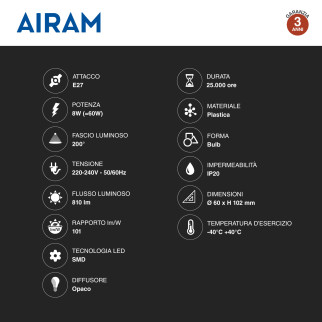Bot Lighting Airam Frost Lampadina LED E27 8W Bulb A60 Goccia SMD per