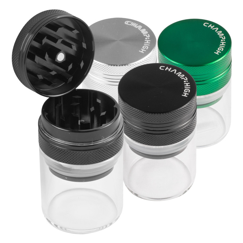 Champ High Grinder Tritatabacco 3 Parti in Vetro Trasparente e Metallo Colore Nero Grigio o Verde