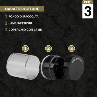 Champ High Grinder Tritatabacco 3 Parti in Vetro Trasparente e Metallo Colore Nero Grigio o Verde