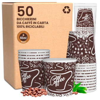 Bicchierini da Caffè in Carta Riciclabile con Fantasia Coffee da 65ml - Confezione da 50 Bicchieri
