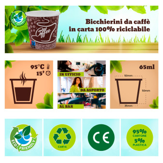 Bicchierini da Caffè in Carta Riciclabile con Fantasia Coffee da 65ml - Confezione da 50 Bicchieri